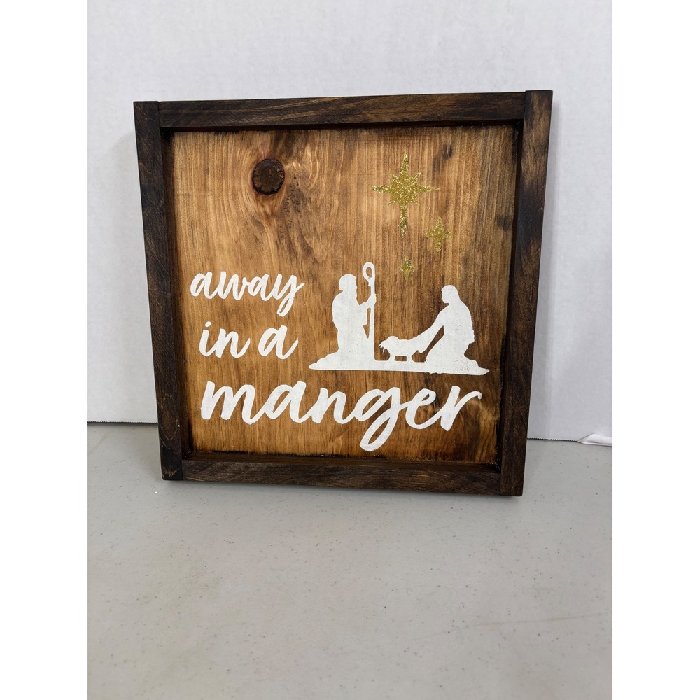Rustic‎ Wood Christmas Nativity Sign Away In A Manger White Silhouette Star